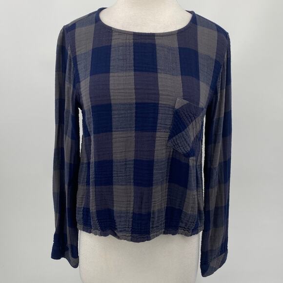Anthropologie Cloth + Stone Gingham Plaid Top Lace Up Long Sleeve Navy Gray M - Picture 2 of 10